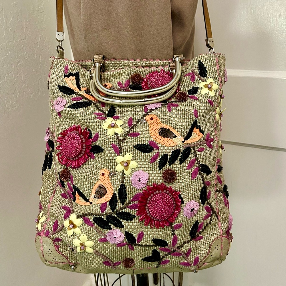 Jamin Puech tote w/beads 
sequins,raffia floral embroidery